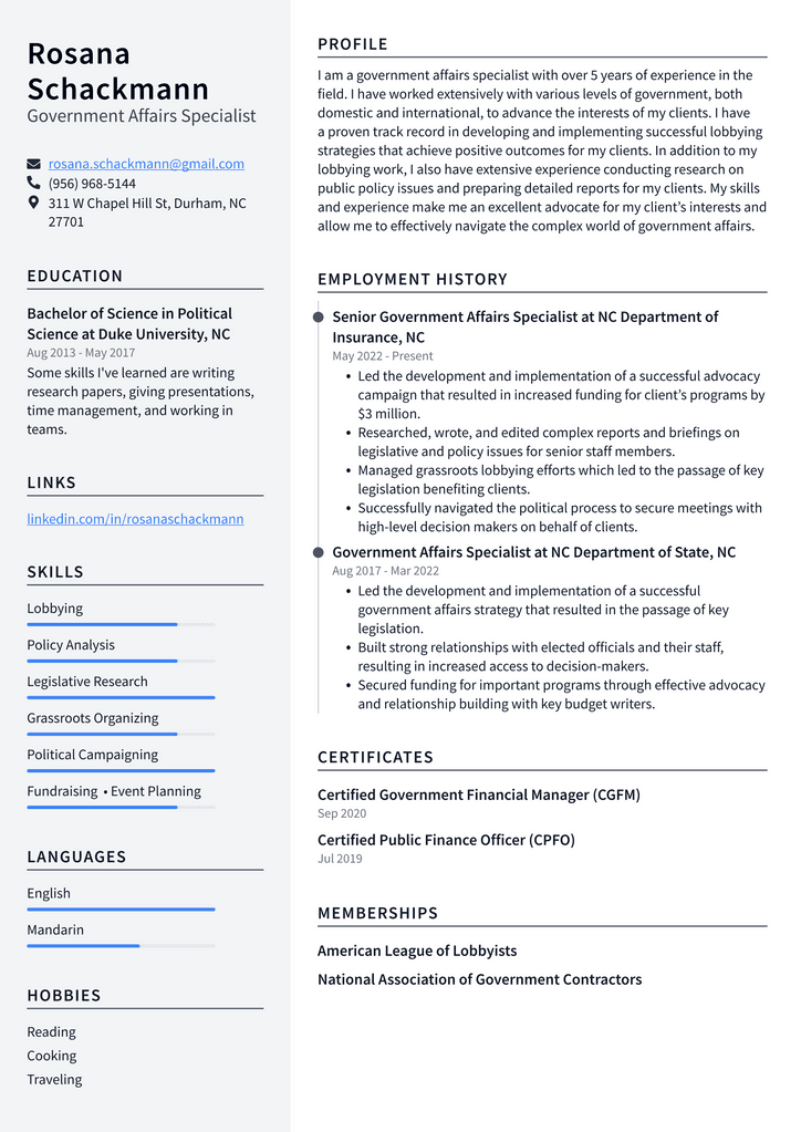 Government Affairs Specialist Resume Example