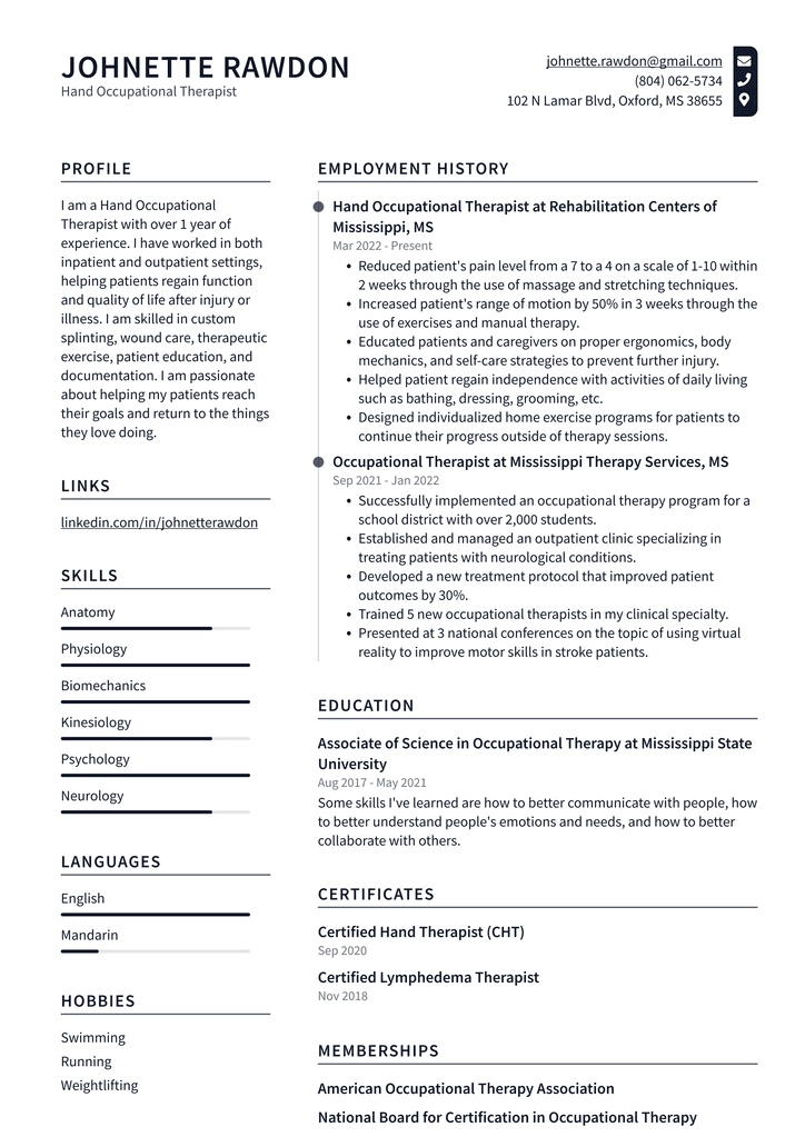 Hand Occupational Therapist Resume Example