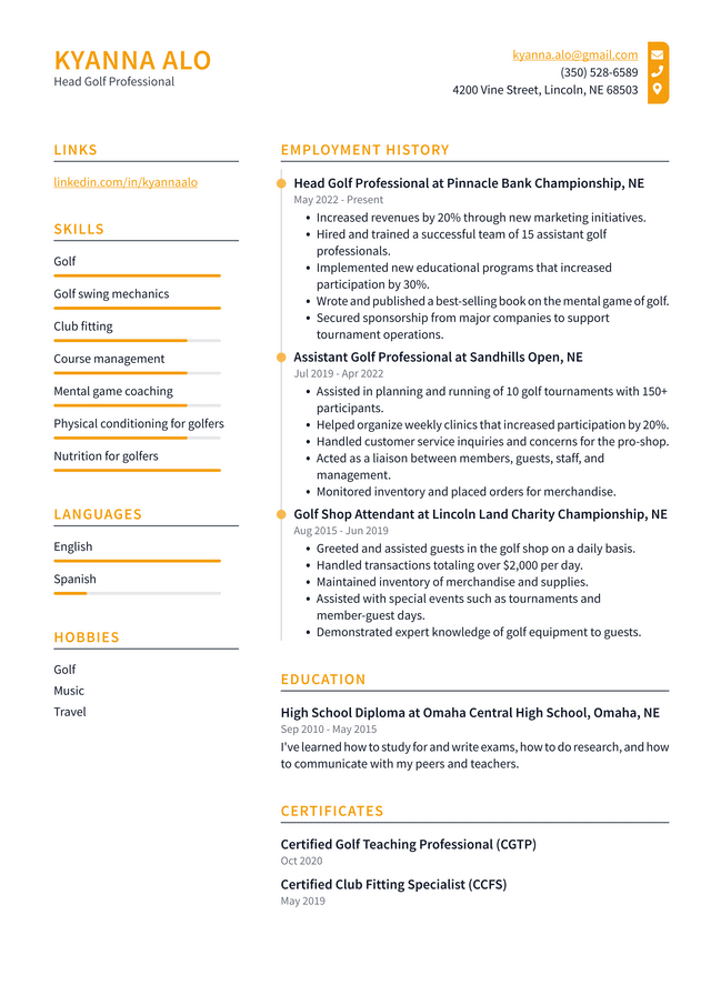 Golf Instructor Resume Example and Writing Guide - ResumeLawyer