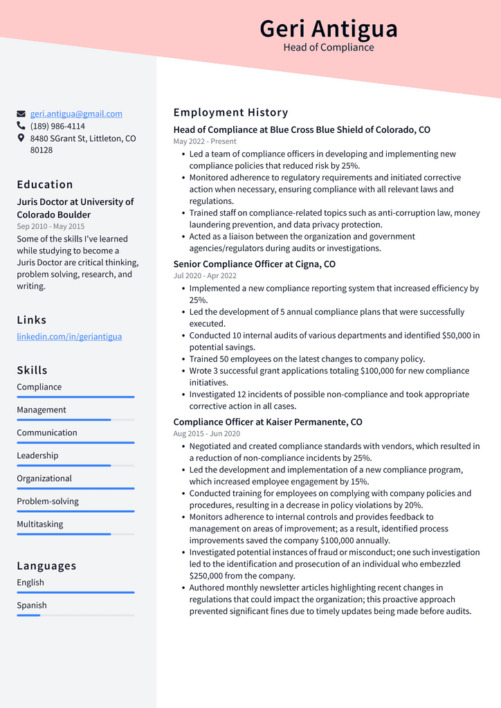 Head of Compliance Resume Example
