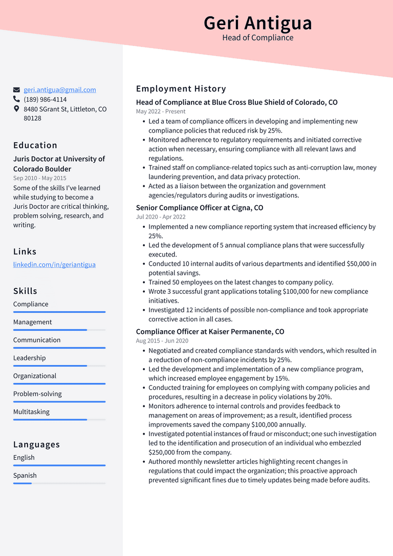 Compliance Officer Resume Example and Writing Guide - ResumeLawyer