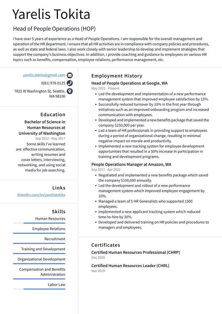 Head of People Operations (HOP) Resume Example