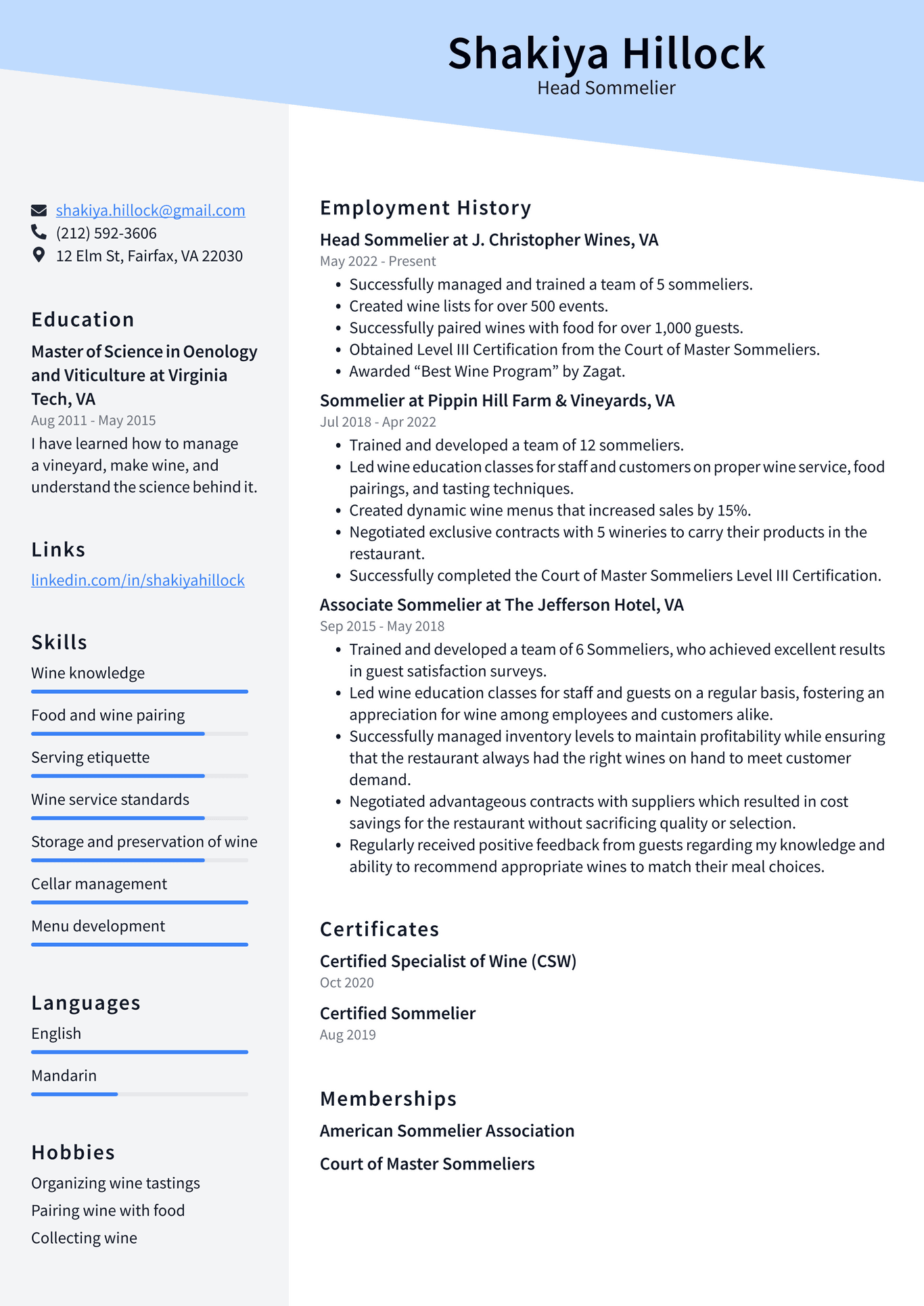 Sommelier Resume Example and Writing Guide ResumeLawyer