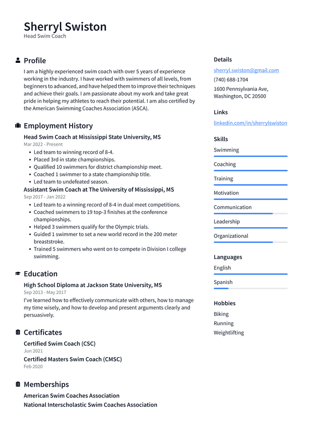 Swimming Coach Resume Example and Writing Guide - ResumeLawyer