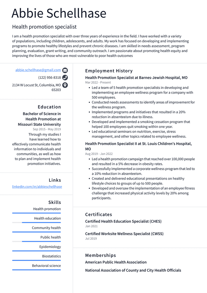 Health promotion specialist Resume Example
