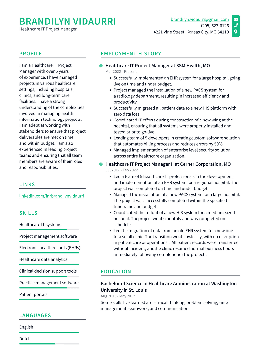 healthcare project manager resume pdf