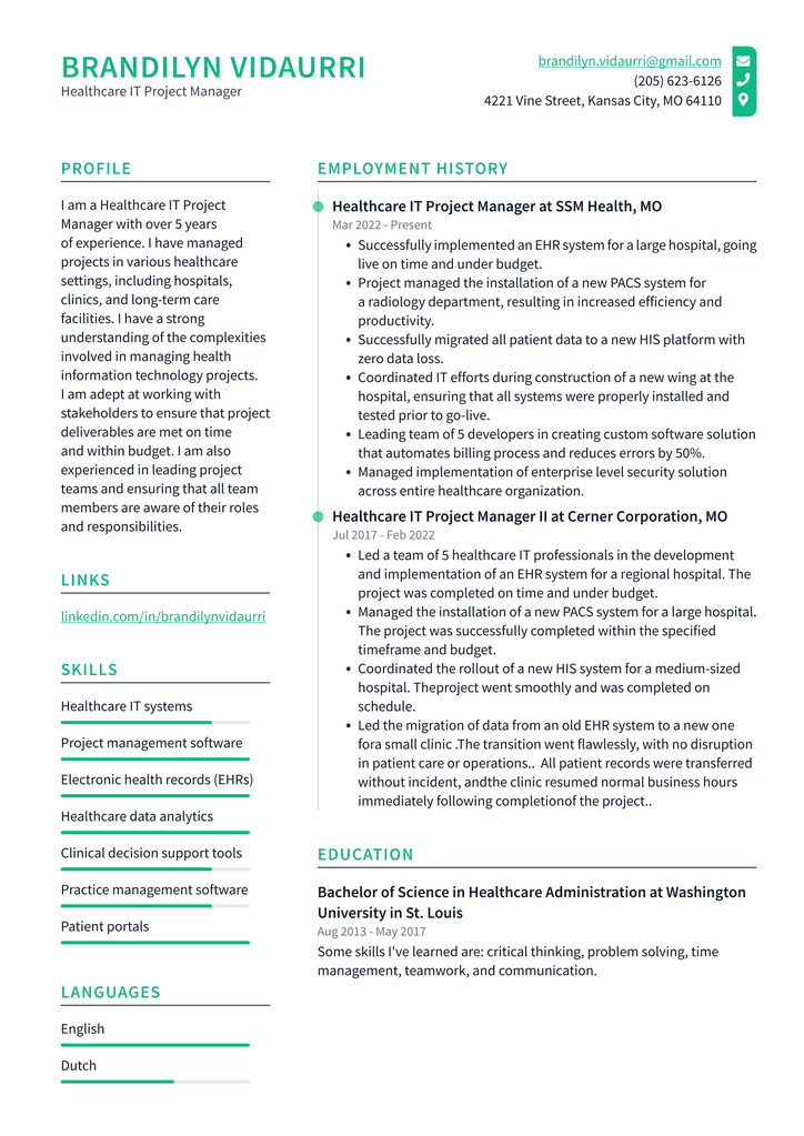 Healthcare IT Project Manager Resume Example