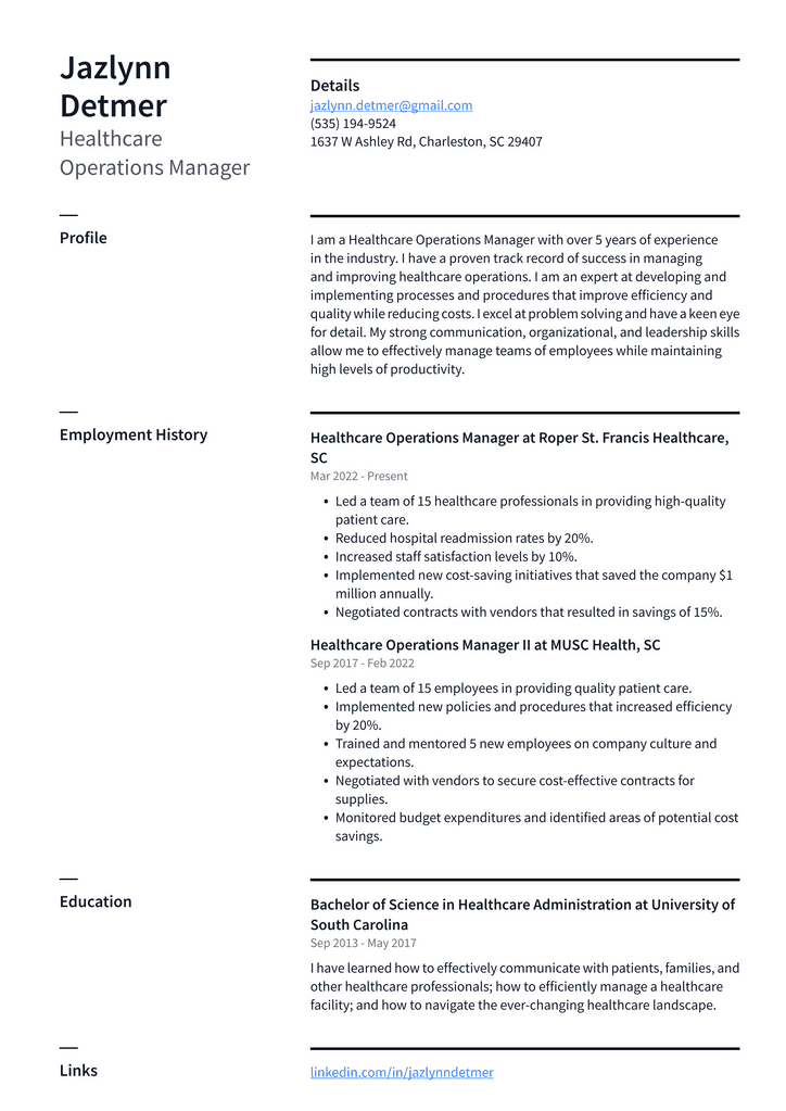 Healthcare Operations Manager Resume Example