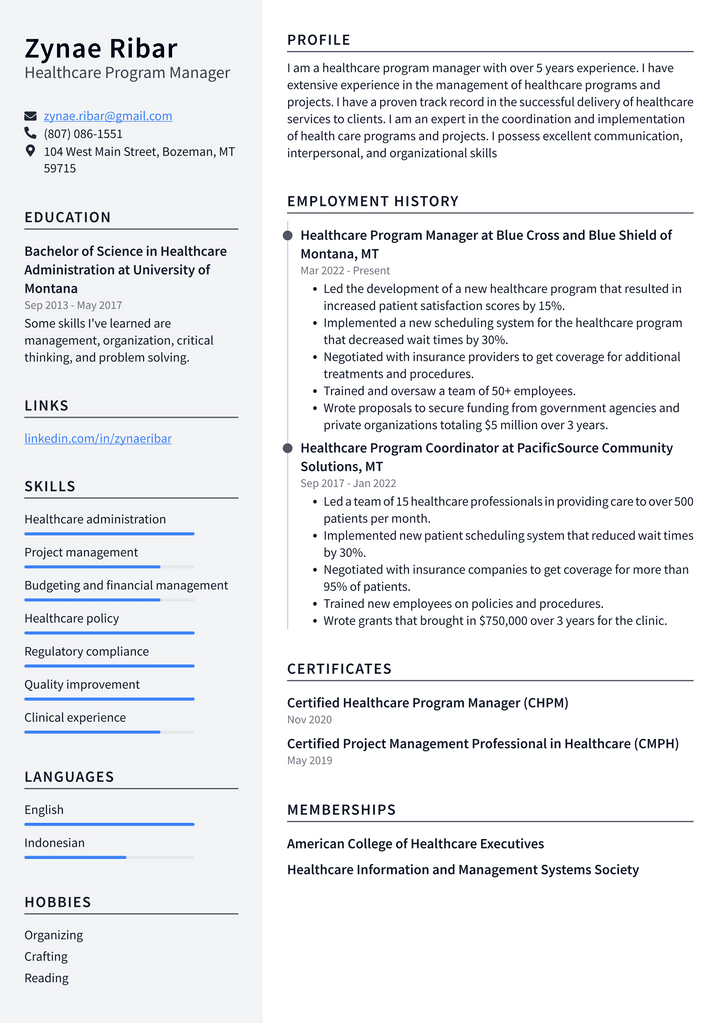 Healthcare Program Manager Resume Example