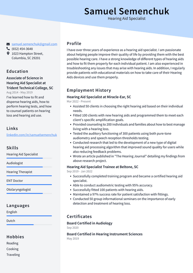 Audiologist Resume Example and - Hearing Aid Specialist Resume Example R3UXh 640w 