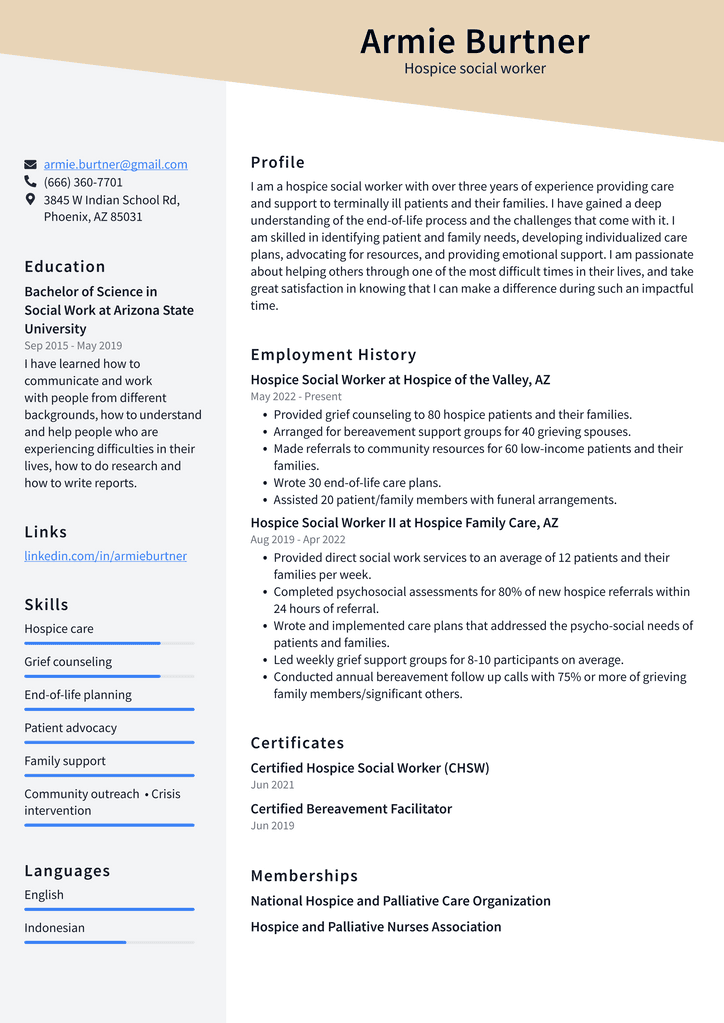 Hospice social worker Resume Example