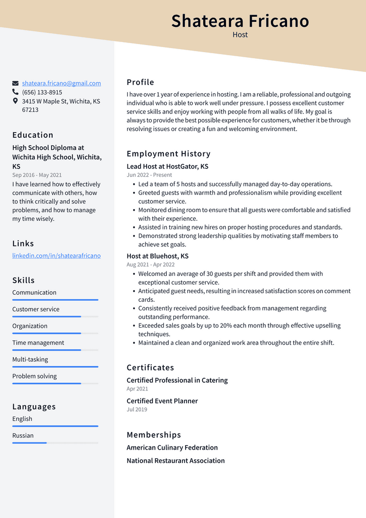 Host Resume Example