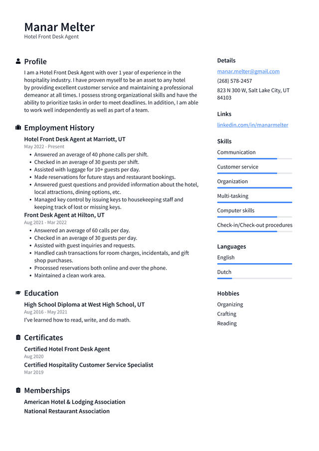 Hotel Front Desk Employee Resume Example and Writing Guide - ResumeLawyer