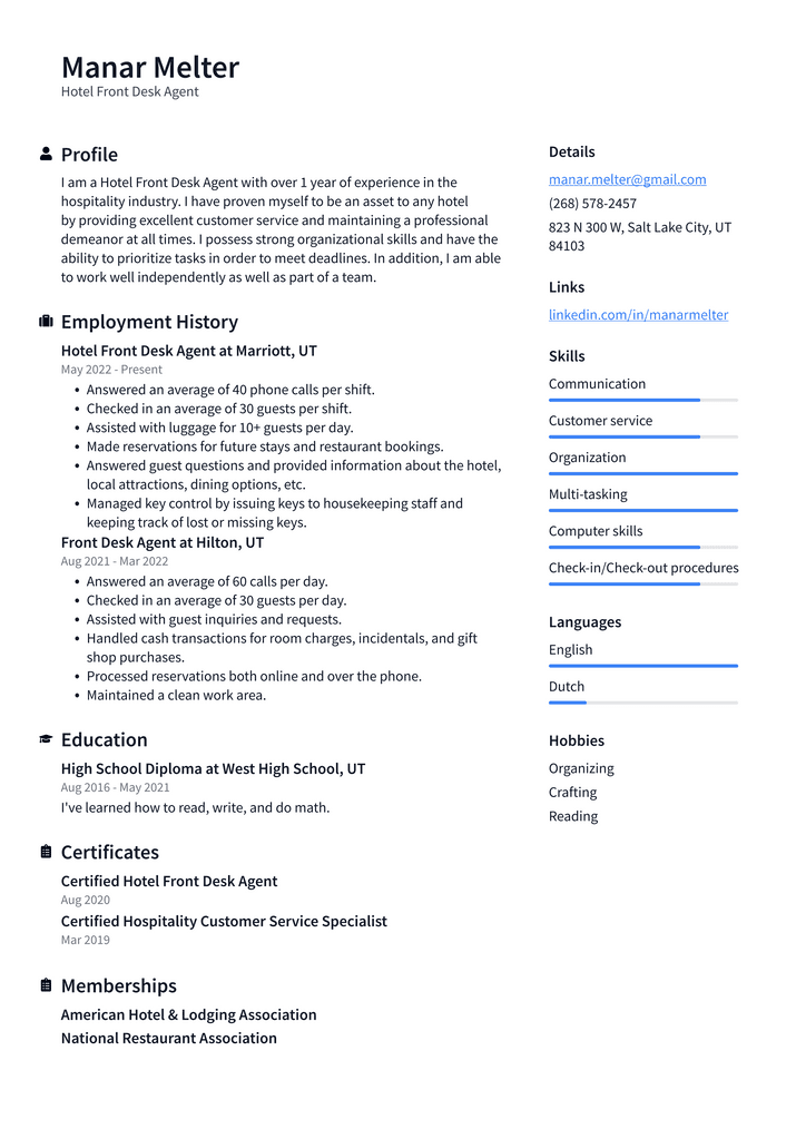 Hotel Front Desk Agent Resume Example