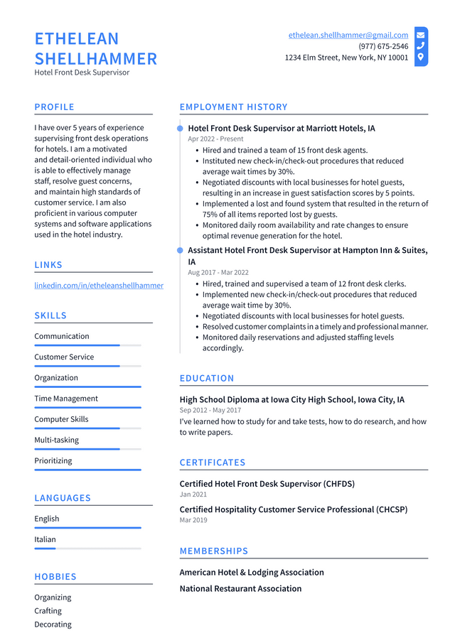 Hotel Front Desk Employee Resume Example and Writing Guide - ResumeLawyer