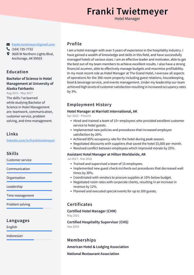 Hotel Management Resume Example and Writing Guide - ResumeLawyer