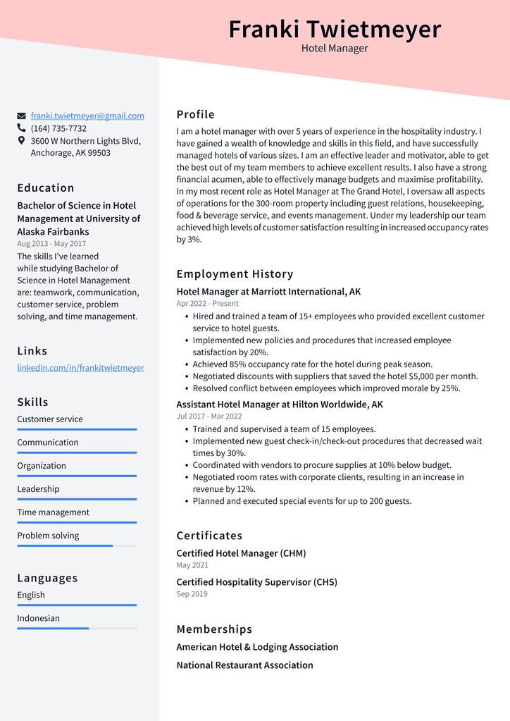 Hotel Manager Resume Example