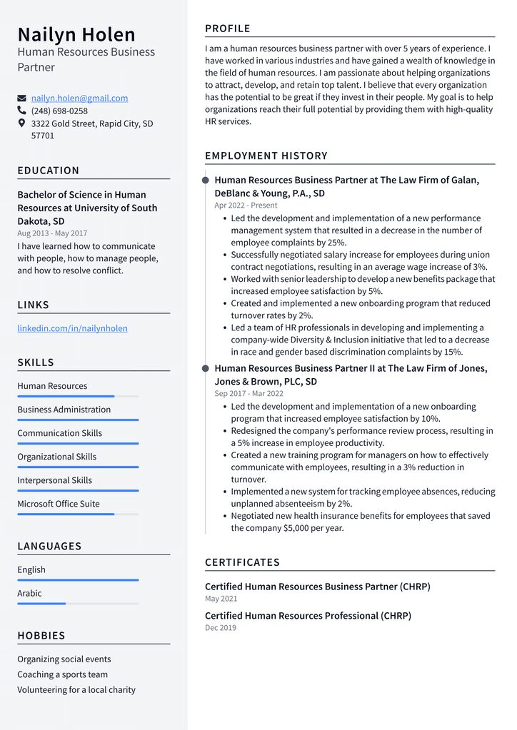 Human Resources Business Partner Resume Example
