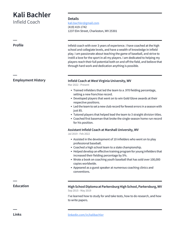 Infield Coach Resume Example