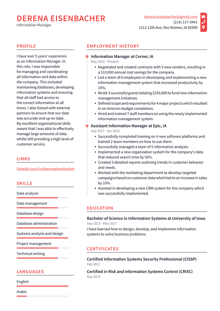 Information Manager Resume Example