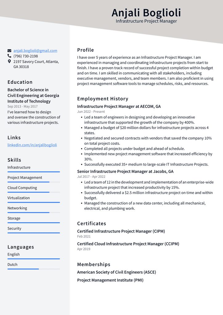 Infrastructure Project Manager Resume Example