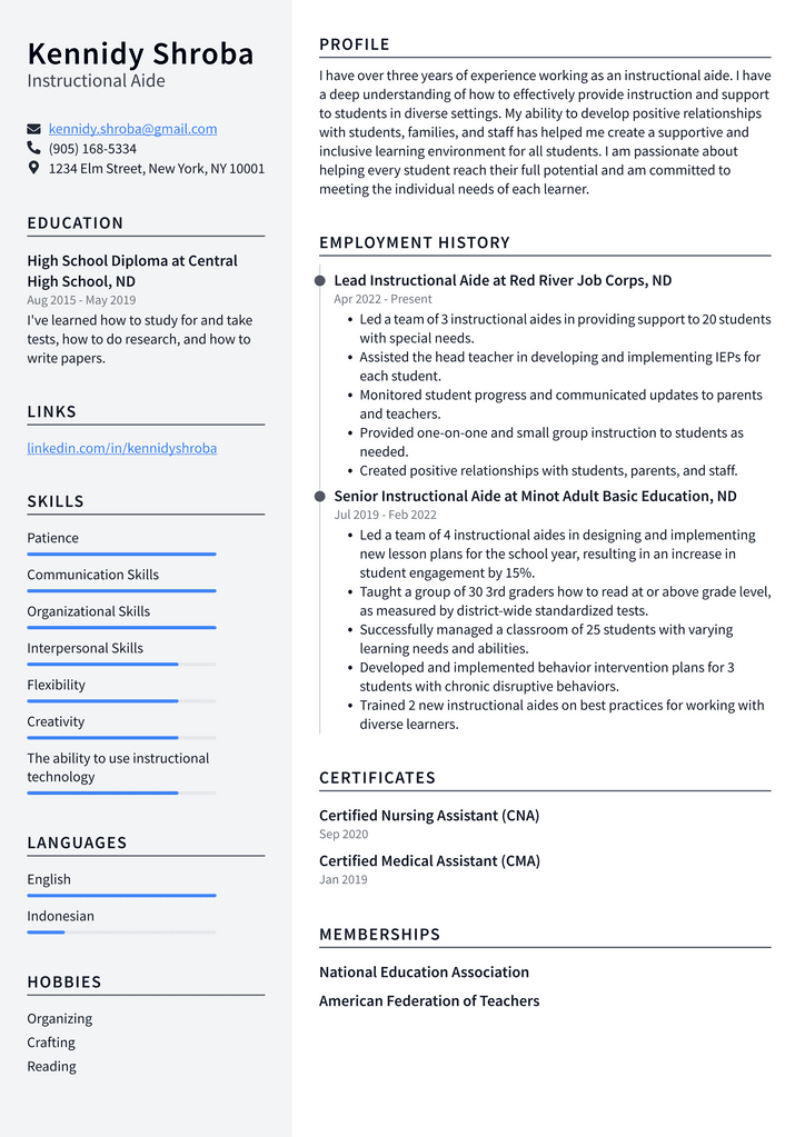 Instructional Aide Resume Example