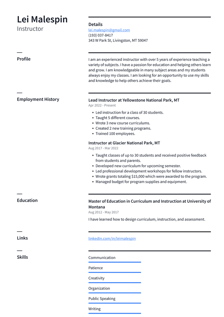 Instructor Resume Example
