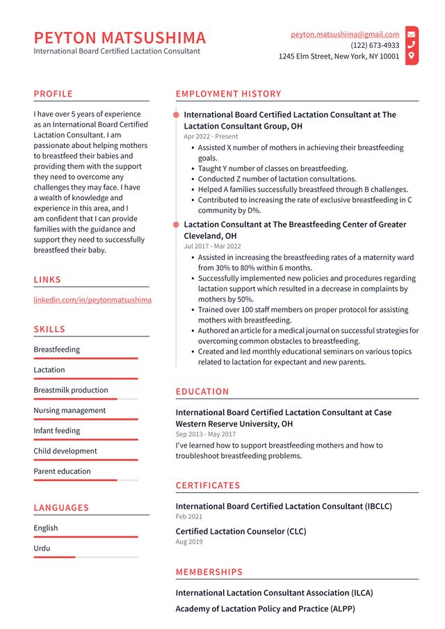 Lactation Consultant Resume Example and Writing Guide