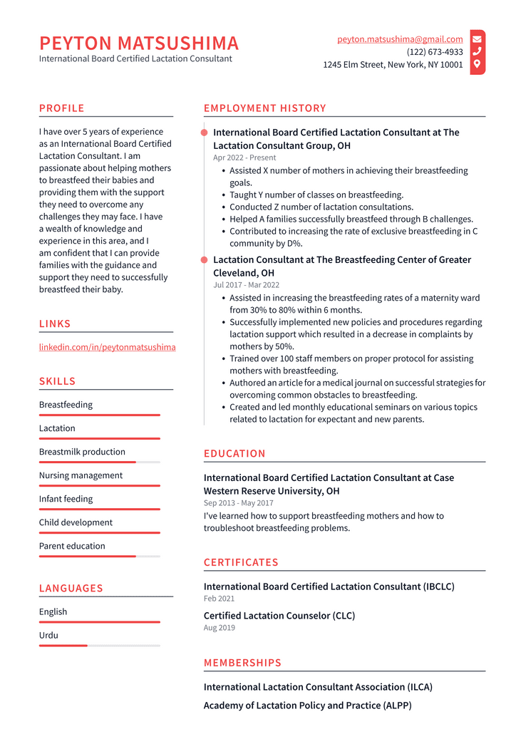 International Board Certified Lactation Consultant Resume Example