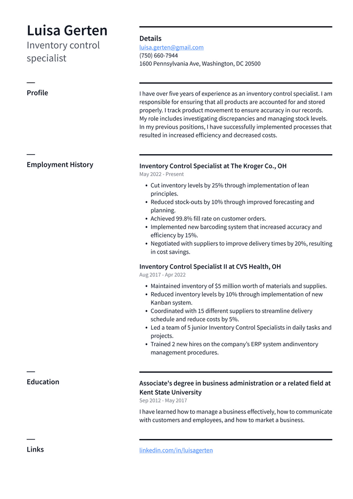 Inventory control specialist Resume Example