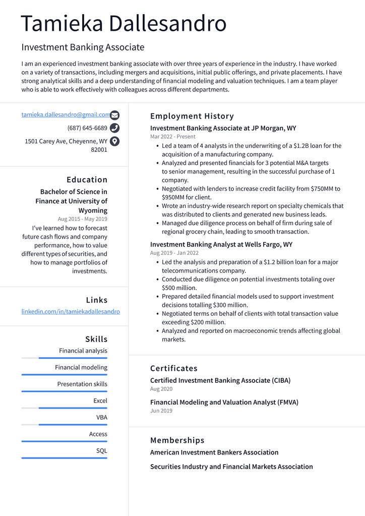 Investment Banking Associate Resume Example
