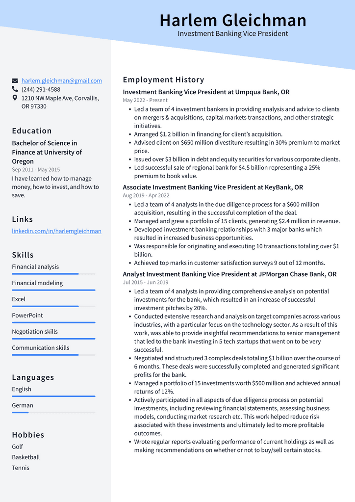 Investment Banking Vice President Resume Example