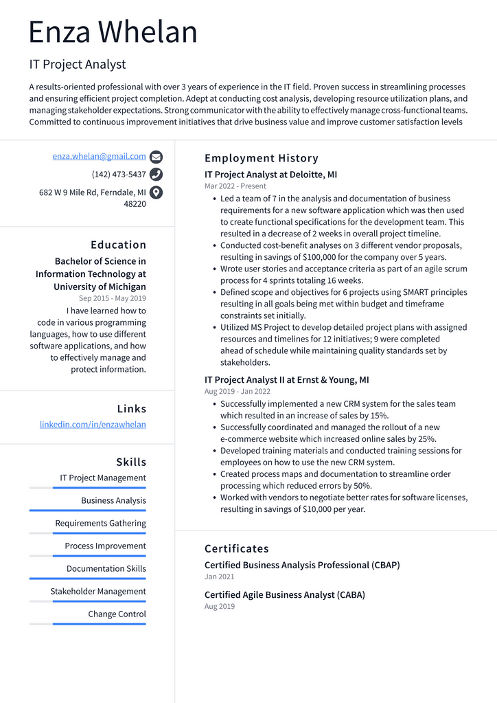 IT Project Analyst Resume Example