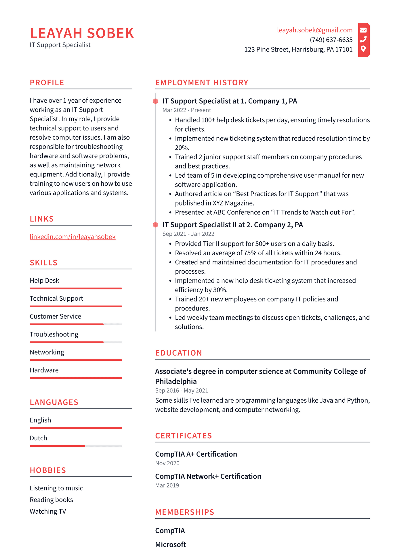 it support specialist resume example