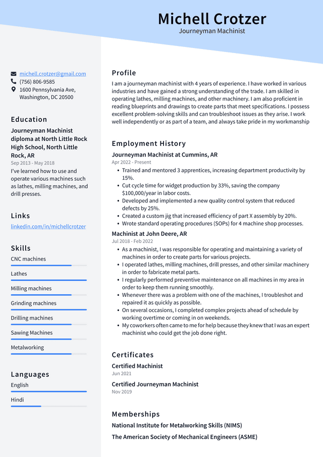 Machinist Resume Example and Writing Guide - ResumeLawyer