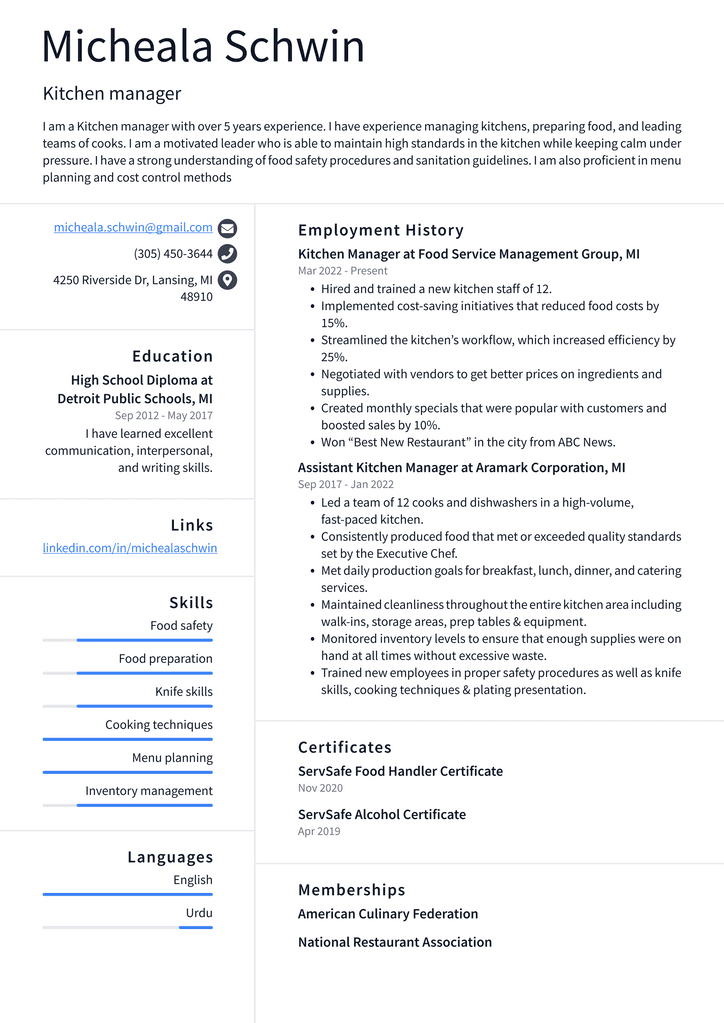 Kitchen manager Resume Example