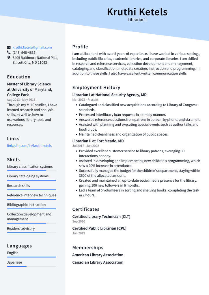Librarian I Resume Example