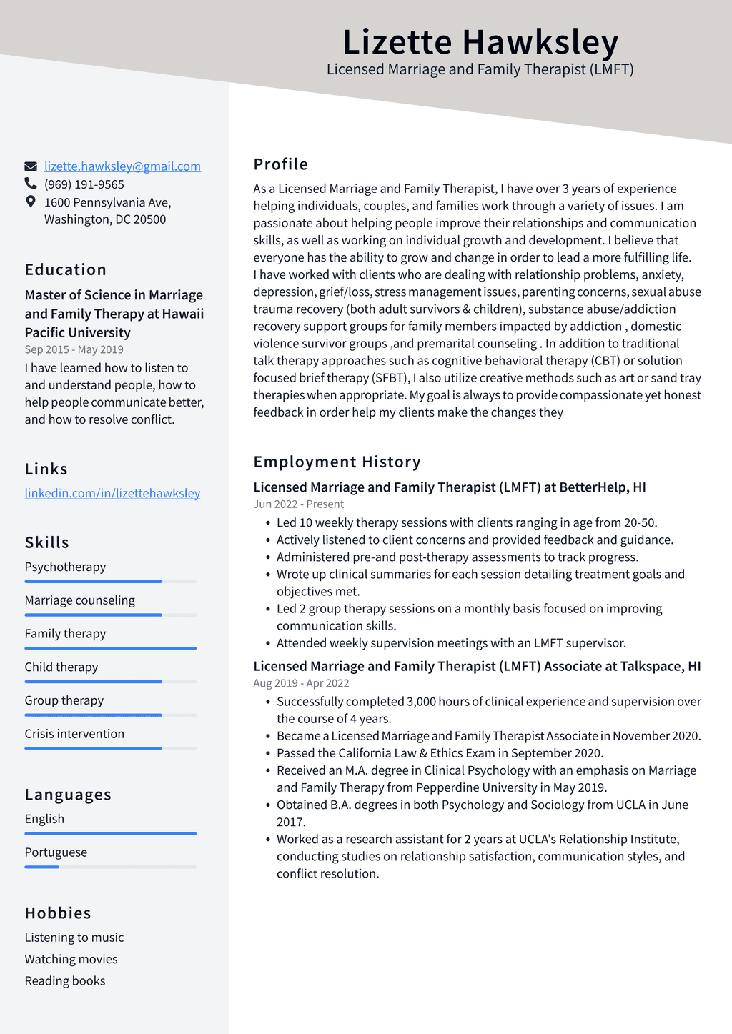 Marriage and Family Therapist Resume Example and Writing Guide