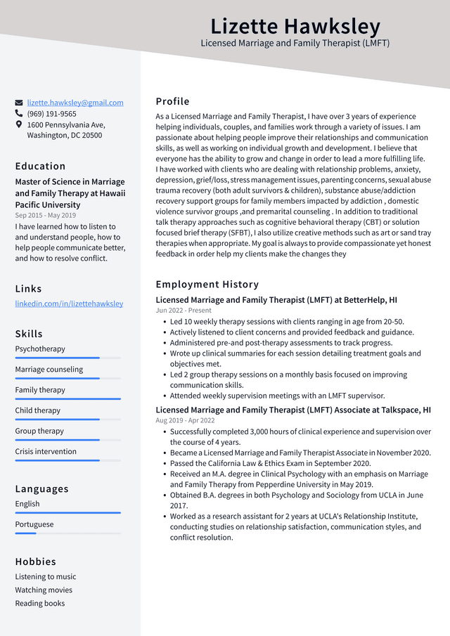 Marriage And Family Therapist Resume Example And Writing Guide