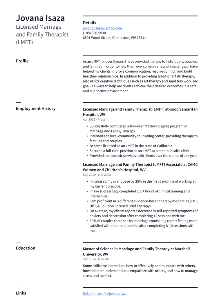 Licensed Marriage and Family Therapist (LMFT) Resume Example