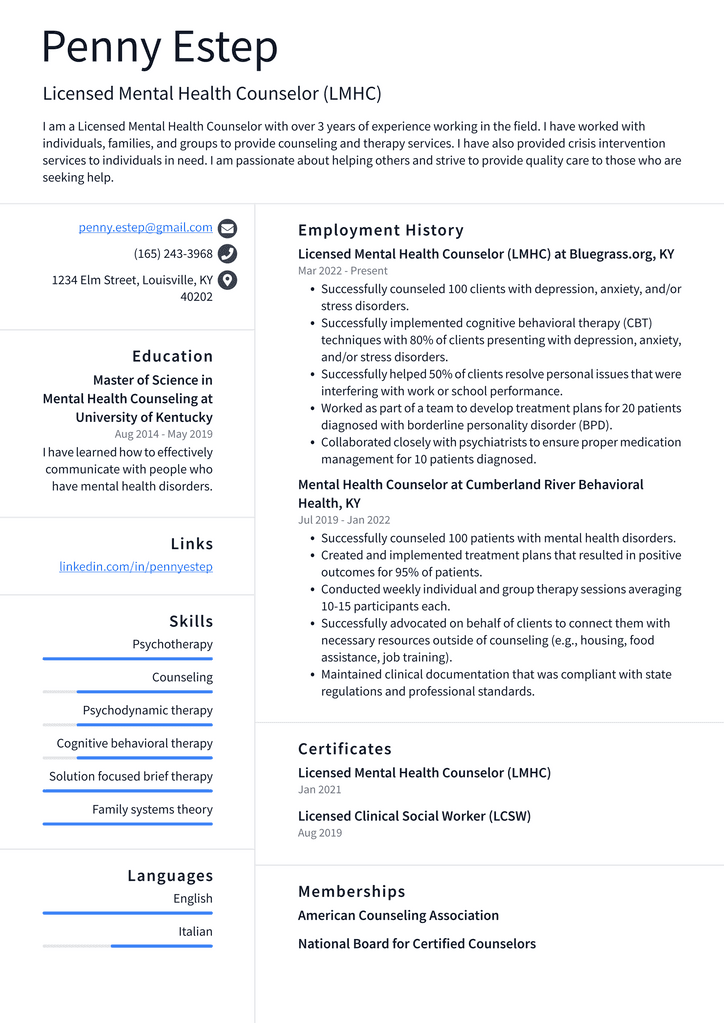 Licensed Mental Health Counselor (LMHC) Resume Example