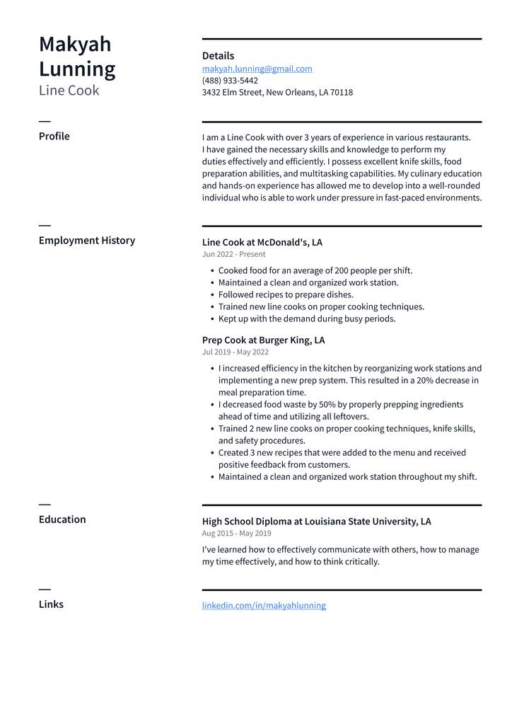 Line Cook Resume Example