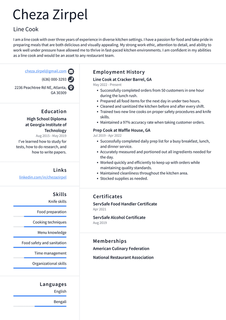 Line Cook Resume Example