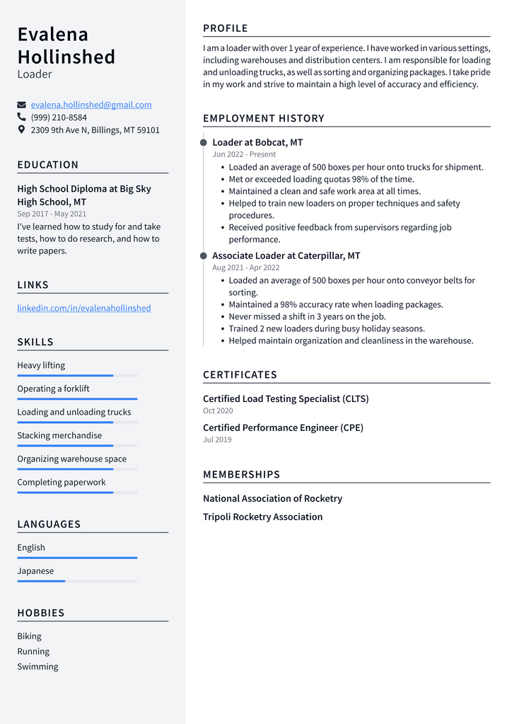 Loader Resume Example