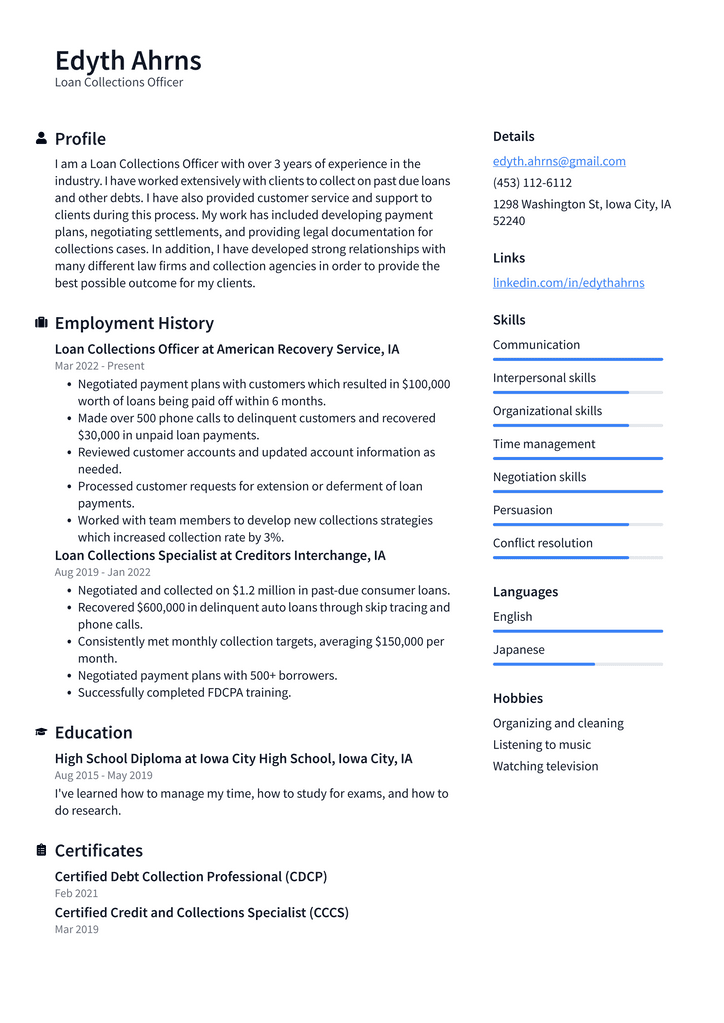 Loan Collections Officer Resume Example