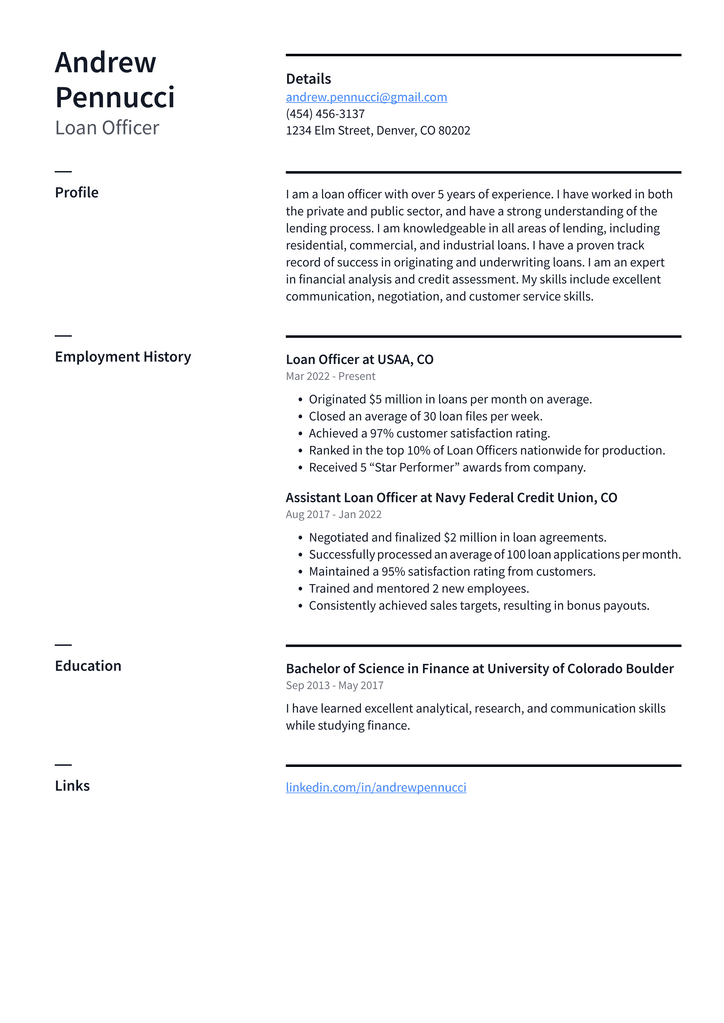 Loan Officer Resume Example