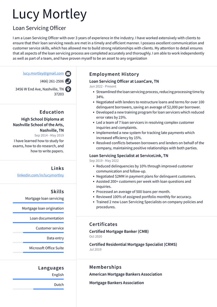 Loan Servicing Officer Resume Example