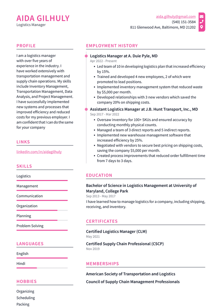 Logistics Manager Resume Example