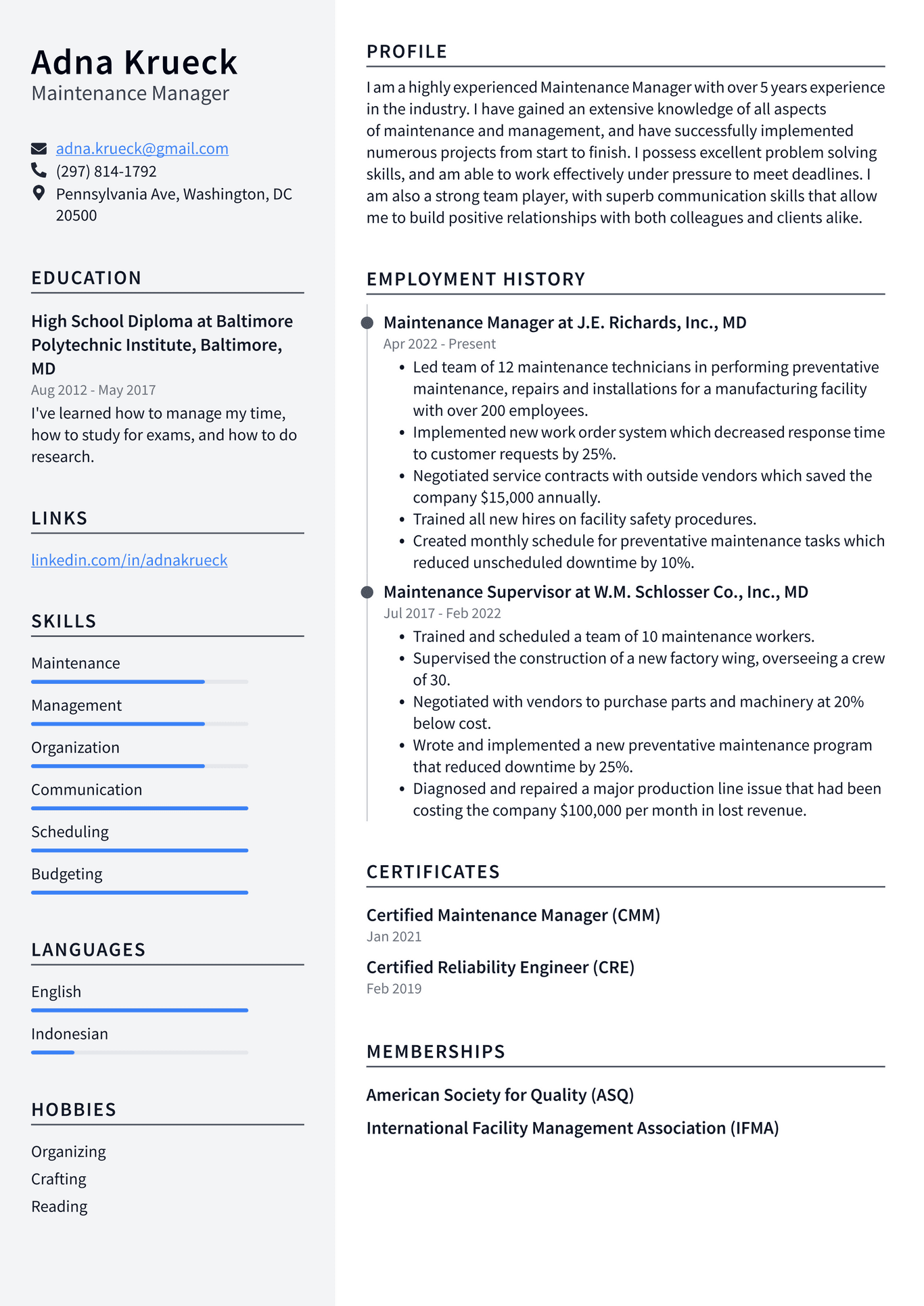 Maintenance and repair Resume Example and Writing Guide