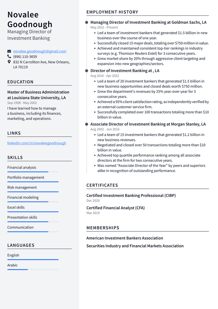 Managing Director of Investment Banking Resume Example